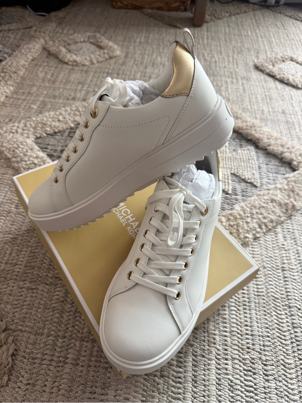 Michael Kors White Leather Sneakers with Gold Heel and Eyelets